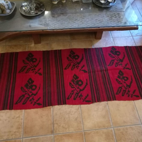Handmade kilim in deep red and black, length 2.20 m width 0.76 m