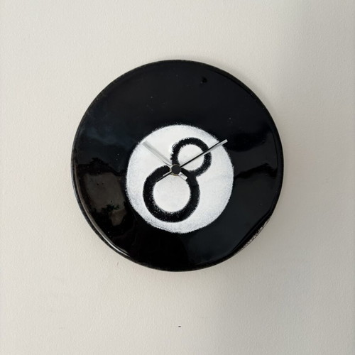 Handmade wall clock with black billiard ball design, glass