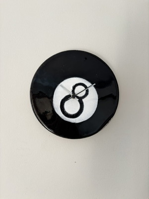 Handmade wall clock with black billiard ball design, glass
