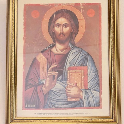 Christ Pantocrator image framed, 17th century portable icon copy