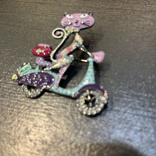 Cat on Scooter/Vespa enamel pin like new, colorful