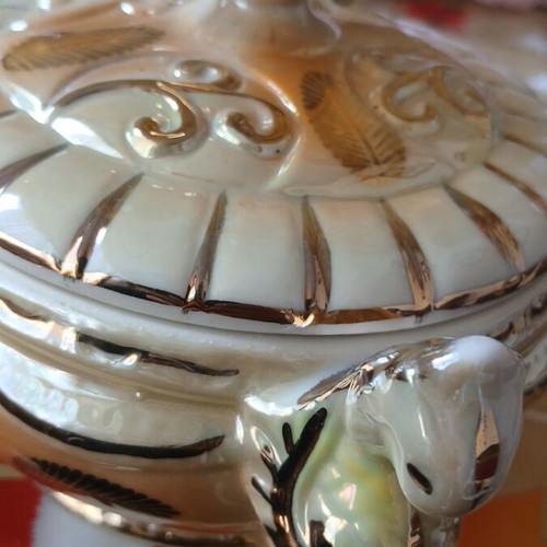 Vintage porcelain lusterware fondue pot with lid, like new, 1950s