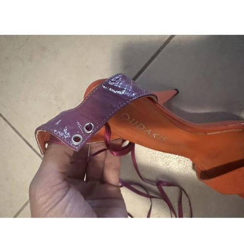 Sandal used, orange and fuchsia with satin laces, size 39