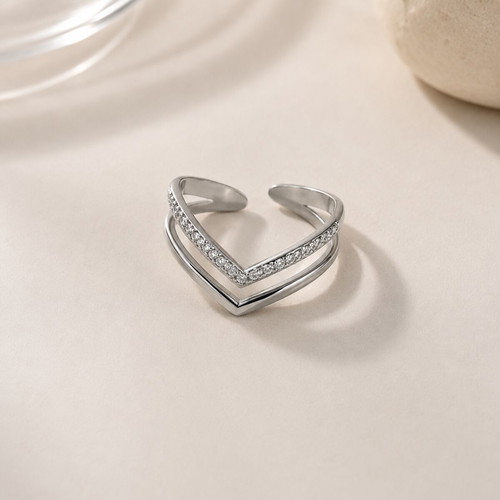 Adjustable silver ring with double V chevron design, new