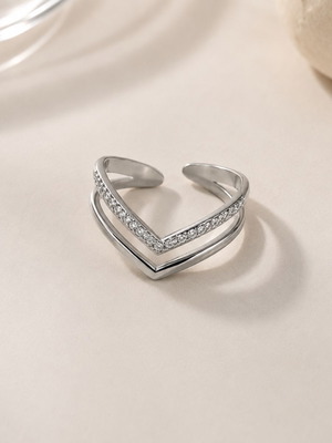 Adjustable silver ring with double V chevron design, new