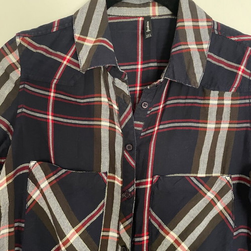 Stradivarius long shirt used, dark blue plaid, small