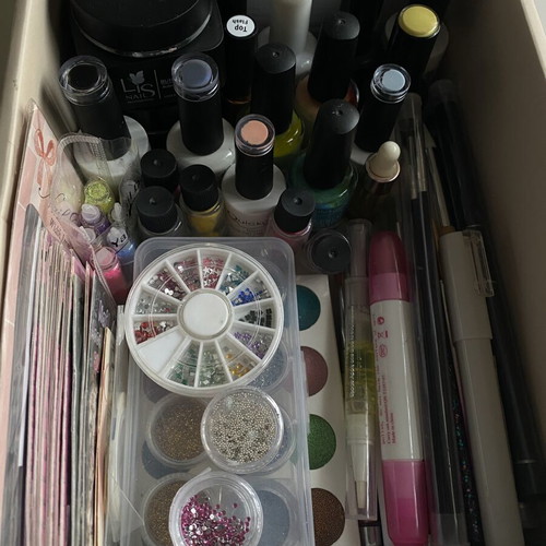 Nail Art Equipment used with stickers, caviar, gels, brushes