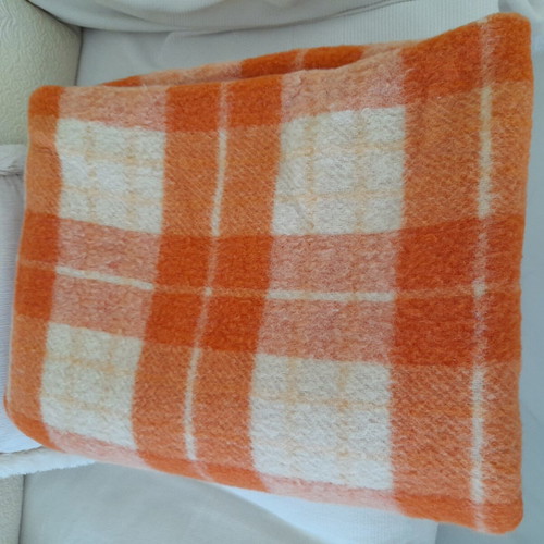 Wool blanket used, orange checkered bicolor