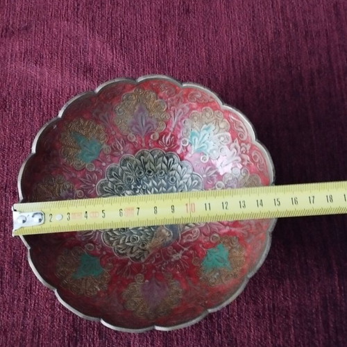 Indian brass bowl used with colorful enamel peacock design