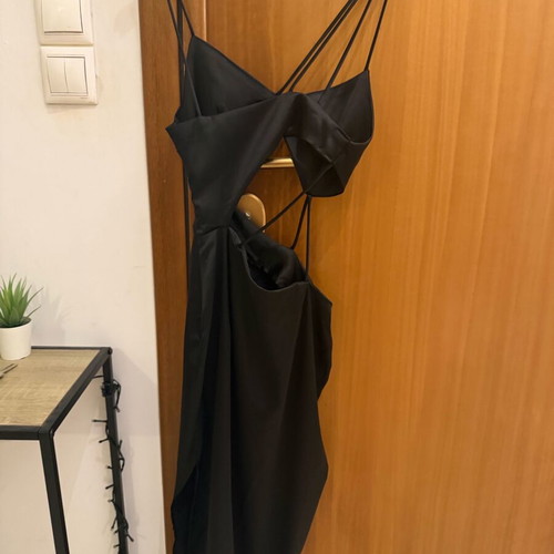 Satin dress Zara XS like new, black with cut out and slit