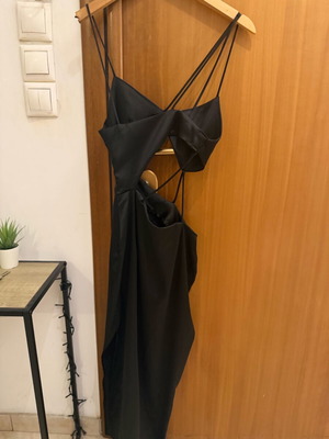 Satin dress Zara XS like new, black with cut out and slit
