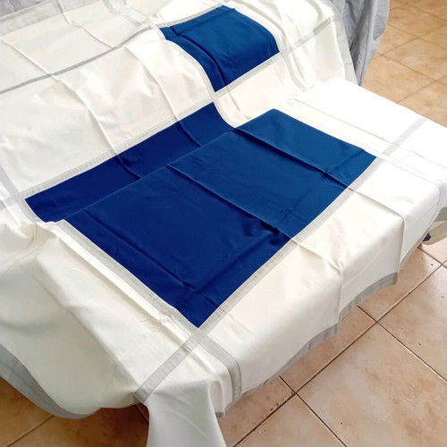 Tablecloth new cotton white with silver stripes and blue spots