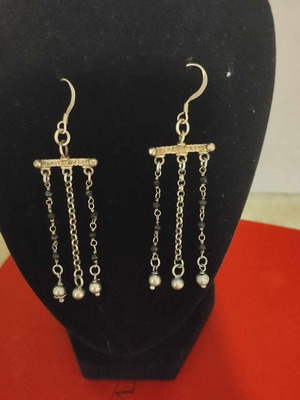 Vintage earrings with triple chain and black stones used