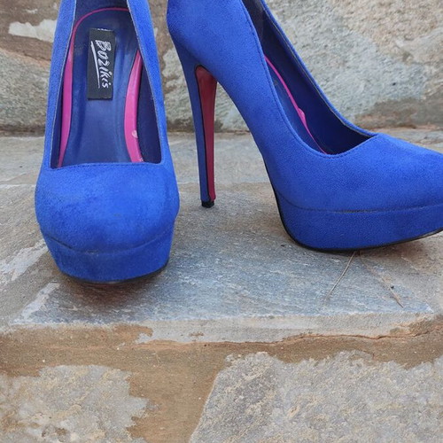 Bozikis blue suede pumps used, platform heel 13cm size 37