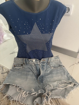 Zara denim shorts with blue tank top set, size M