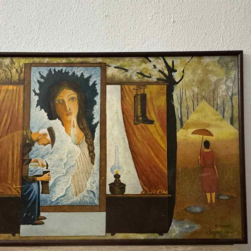 Vintage surrealist painting used, signed by Bukharish, 98x62 cm