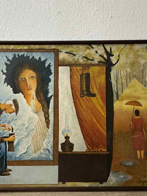 Vintage surrealist painting used, signed by Bukharish, 98x62 cm
