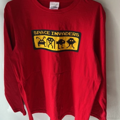 Long-sleeve Space Invaders shirt used, red, size M, 100% cotton