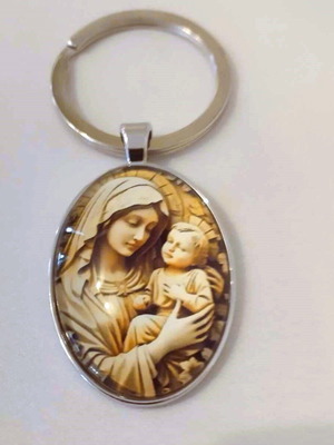Metal keychain Panagia Vrefokratousa new, beige silver
