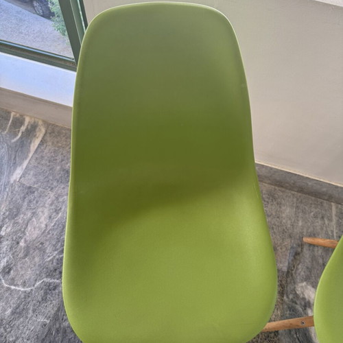 Kitchen chairs, green with wooden legs, set of 2