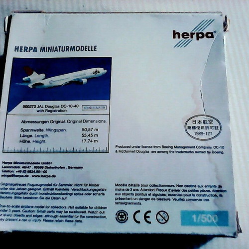 JAL Japan Airlines Herpa DC10 model plane 1/500 diecast with stand front wheel missing