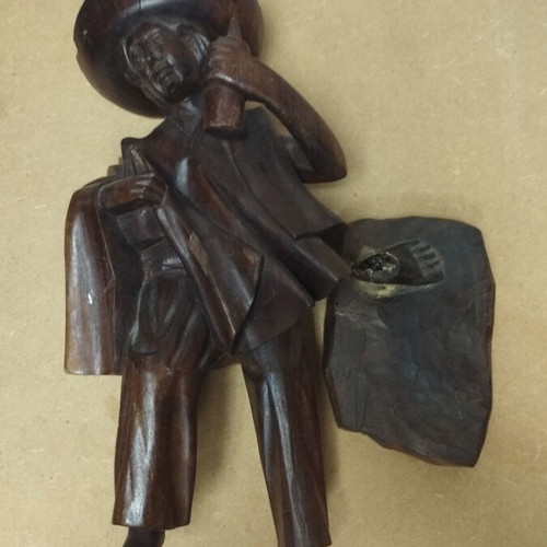 Handmade wooden Mexican folk art statues, pair of 2, damaged