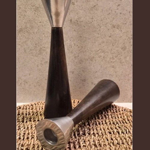 Set of 2 Vintage Wooden Candle Holders with Aluminium, Scandinavian Design