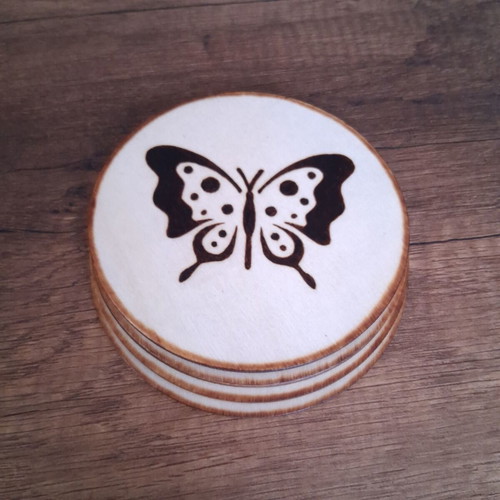Handmade coasters set of 4 with pyrography butterflies, new