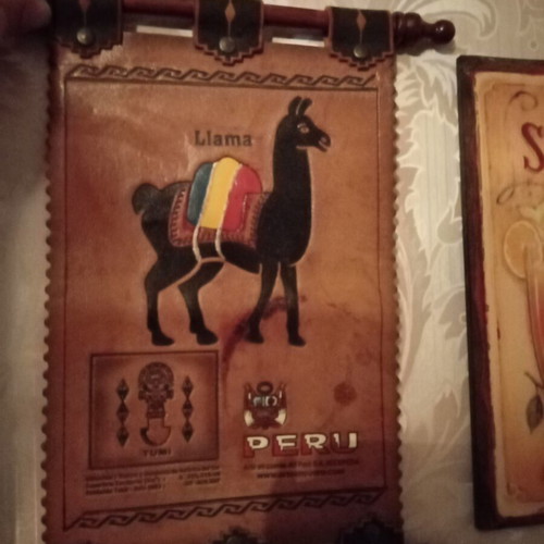 Wooden frame with leather llama photo from Peru like new