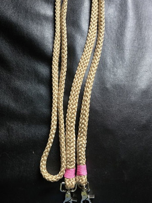 Short reins for pony or Shetlander, beige with light pink and metal snaps