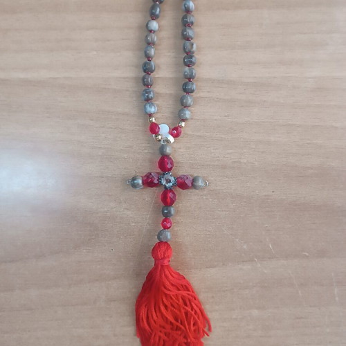 Car hanging decoration with cross and natural beads like new