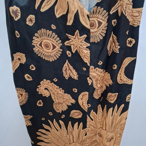 Abstracto long satin dress black with sun pattern, size L, like new