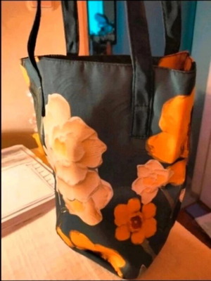 Floral shoulder bag new, blue with beige and peach flowers