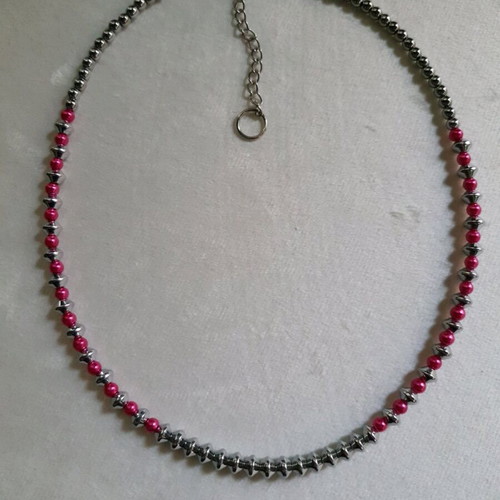 Beaded necklace with natural silver hematite and pink glass pearls, new