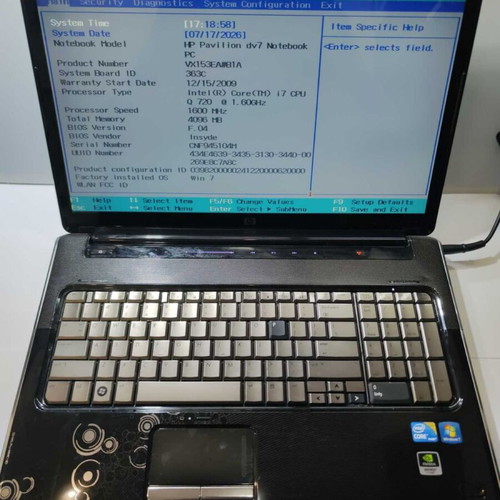 HP Pavilion dv7-3040ev 17.3" i7 4GB GT 230M laptop used for parts