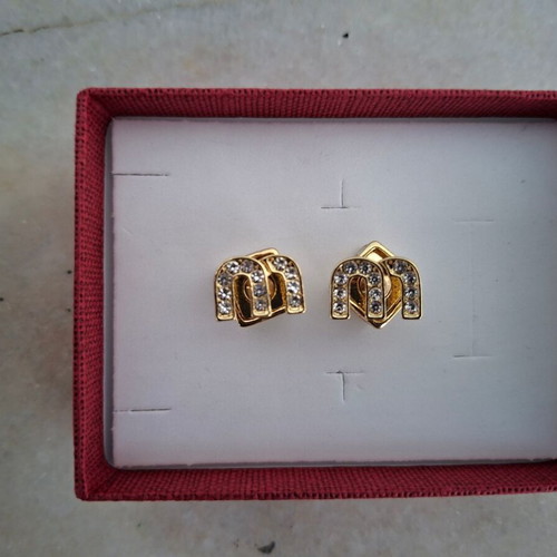 Gold Color Earrings with Letter M and Strass, Vintage Design, New
