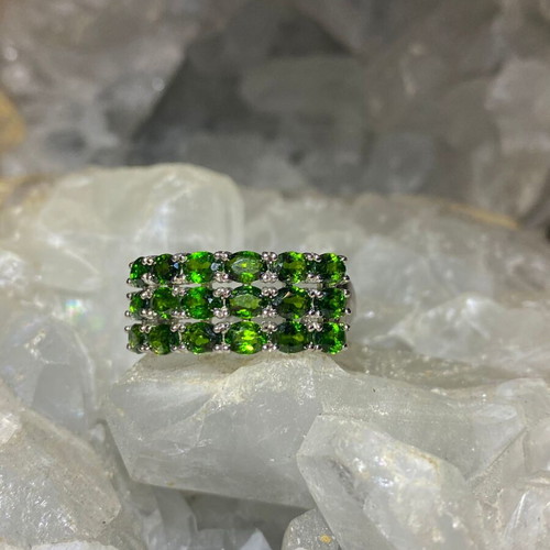 Silver ring with natural diopside and 18K gold plating, adjustable