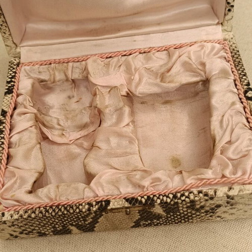 Vintage silver-plated egg set with snake leather imitation case like new