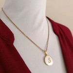 Handmade gold steel necklace with Latin S and pearl pendant new