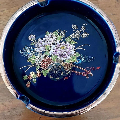 Vintage Japanese Porcelain Ashtray cobalt blue with floral ox cart, like new