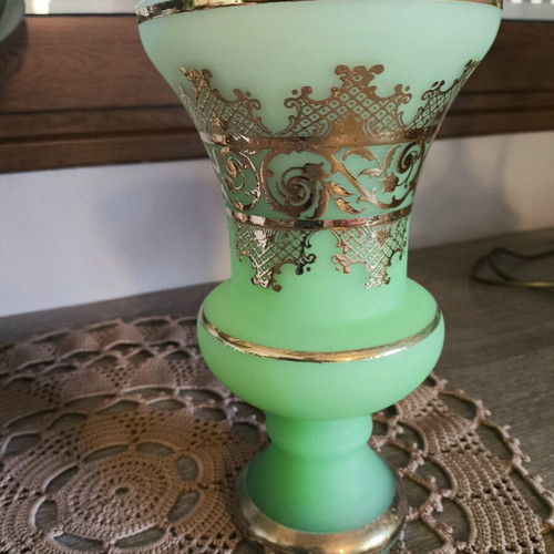 Glass vase opaline vintage used with gold designs
