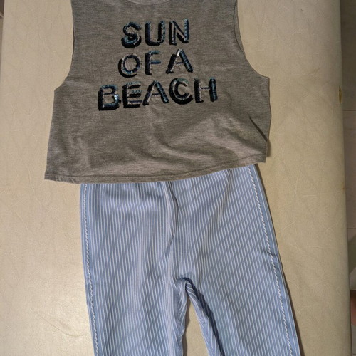 Fitness set baby blue leggings and grey top with blue details like new
