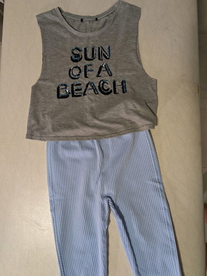 Fitness set baby blue leggings and grey top with blue details like new