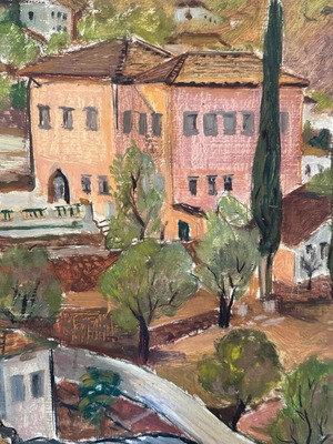 Πίνακας ζωγραφικής Λουκία Μαγγιώρου, τοπίο Καλαμάτας, λάδι σε ξύλο σαν καινούργιο