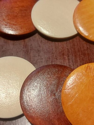 Handmade necklace with large and small wooden discs, multicolored, new
