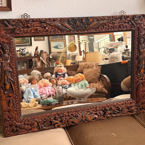 Carved Handmade Mirror used, Asian style wood 100x70x4.5 cm