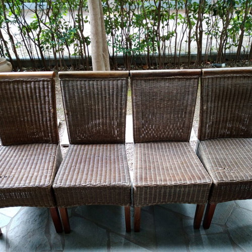 Rattan dining set used, glass table with 4 chairs for indoor and outdoor