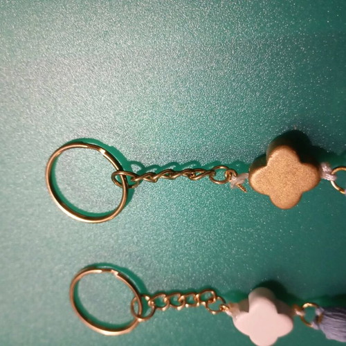 Set of 2 Keychains Light Blue Pom Pom, Wooden White and Gold Cross New, Handmade, for bag