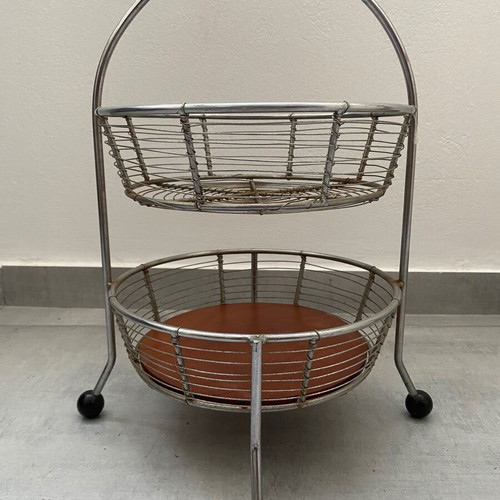 Wooden and metal two levels fruit basket used with handle and legs
