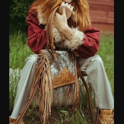 Vintage δερμάτινη τσάντα tote με κρόσια και μονό λουράκι crossbody